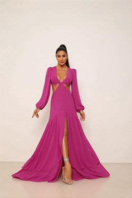 VESTIDO LONGO CREPE DE SEDA MANGA LONGA COSTAS VAZADA COM AMARRAÇÃO FUCSIA DOT