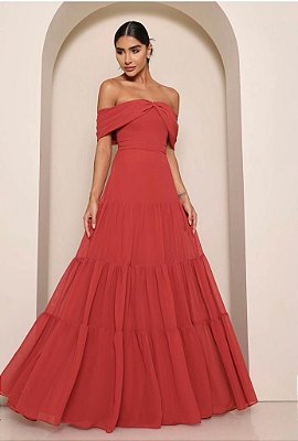 VESTIDO LONGO CREPE DE SEDA OMBRO A OMBRO EM CAMADAS TERRA COTA DOT