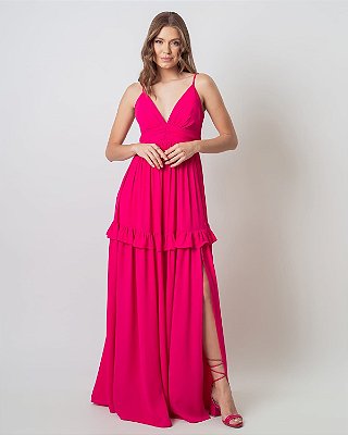 VESTIDO LONGO CREPE DE SEDA ALÇA FINA BABADO SAIA PINK BN