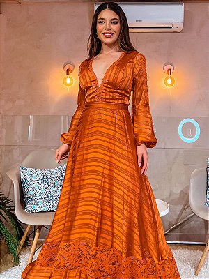 VESTIDO LONGO DEVORÊ MANGA LONGA COM RENDA DECOTE EM V TERRA COTA PR