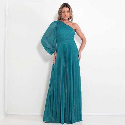 VESTIDO LONGO LUREX UM OMBRO SO SAIA PLISSADA VERDE PETROLEO NT
