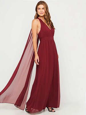 VESTIDO LONGO CREPE DE SEDA ESTILO CAPA PALA CINTURA DECOTE V MARSALA AR