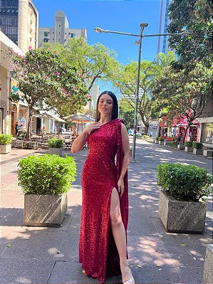 VESTIDO LONGO EM PAETE UM OMBRO SO FENDA VERMELHO SORI
