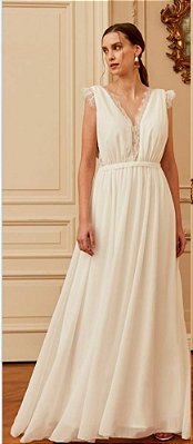 VESTIDO LONGO MUSSELINE C/SEDA RENDA NAS LATERAIS BRANCO DM