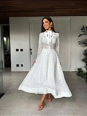 VESTIDO MIDI MANGA LONGA EM RENDA AMARRÇÃO PESCOÇO BRANCO PIM