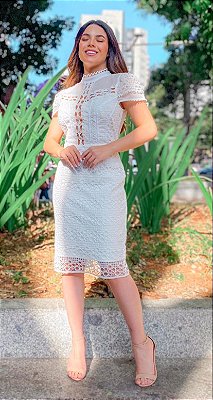 VESTIDO NEW MIDI DE RENDA COM MANGUINHA BRANCO DM