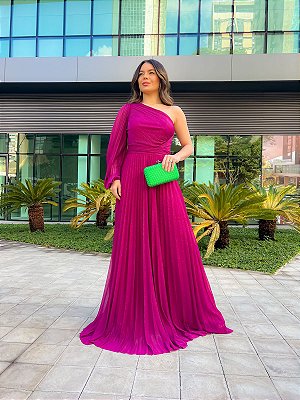 VESTIDO LONGO LUREX UM OMBRO SO SAIA PLISSADA FUCSIA NT