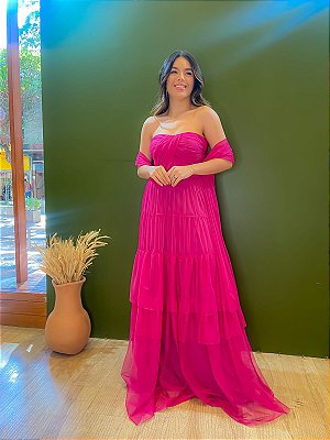 VESTIDO LONGO MICROTULE EM CAMADAS TOMARA QUE CAIA PINK KO