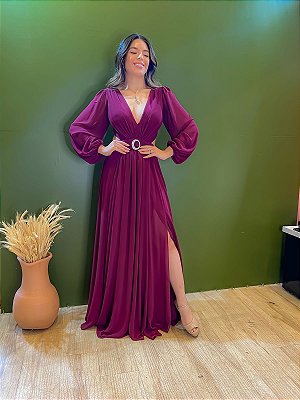 VESTIDO LONGO CHIFON M/L RECORTE CINTURA COSTAS VAZADA COM AMARRAÇÃO DETALHE PEDRAS MARSALAE BI