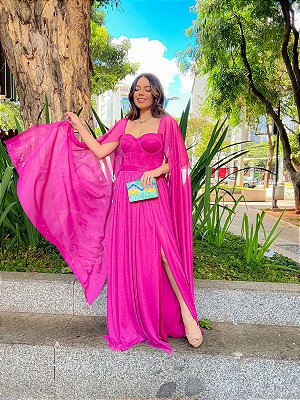 VESTIDO LONGO LUREX MANGA CAPA ESTILO CORPETE PINK NT