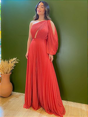VESTIDO LONGO LUREX PLISSADO OMBRO SO TERRA COTA NT