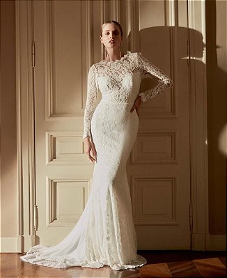 VESTIDO LONGO RENDA ESTILO SEREIA MANGA LONGA COM DETALHE DE PEROLAS BRANCO DM