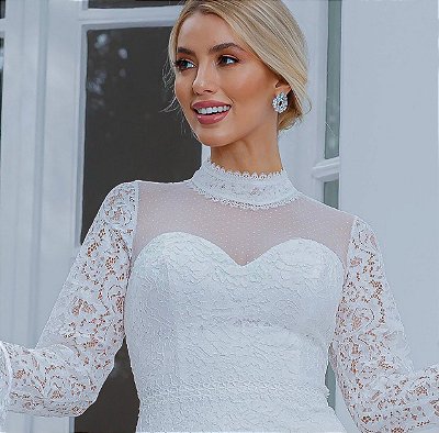 VESTIDO LONGO RENDA EM RENDA MANGA LONGA COM SAIA EM TULE BRANCO DM