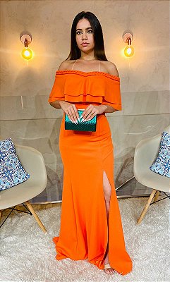 VESTIDO LONGO CREPE OMBRO A OMBRO COM DETALHE TRANCINHA FENDA LARANJA AR