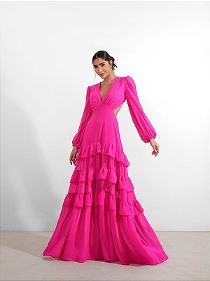 VESTIDO LONGO CREPE DE SEDA MANGA LONGA SAIA COM CAMADAS COSTAS VAZADA PINK MB