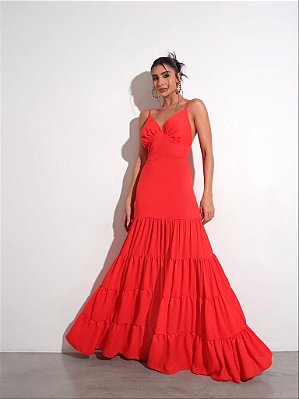 VESTIDO LONGO CREPE DECOTE V ALÇA FINA SAIA EM CAMADAS VERMELHO MB
