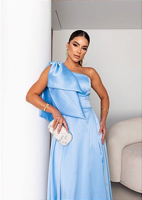 VESTIDO LONGO ZIBELINE UM OMBRO SO LAÇO FENDA AZUL SERENITY