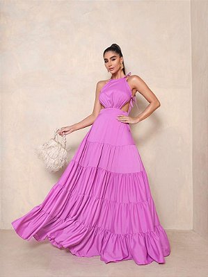 VESTIDO LONGO CREPE DE SEDA FRENTE UNICA SAIA EM CAMADAS ALÇA COM AMARRAÇÃO LAVANDA MB