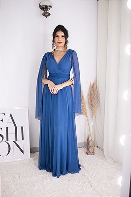 VESTIDO LONGO MICROTULE MANGA CAPA COSTAS AMARRAÇÃO AZUL MARINHO