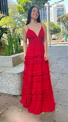 VESTIDO LONGO MICROTULE BABADO SAIA DECOTE EM V VERMELHO