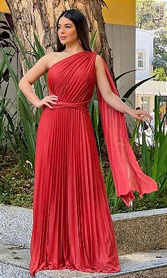 VESTIDO LONGO LUREX PLISSADO UM OMBRO SO ESTILO CAPA DETALHE CRUZADO CINTURA TERRA COTA NT