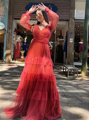 VESTIDO LONGO MICROTULE MANGA LONGA SAIA EM CAMADAS TERRA COTA CA