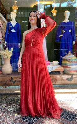 VESTIDO LONGO MICROTULE DE LUREX UM OMBRO SÓ SAIA PLISSADA TERRA COTA