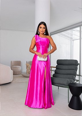 VESTIDO LONGO CETIM COM ELASTANO UM OMBRO SÓ LAÇO FENDA LATERAL PINK