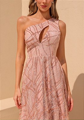 VESTIDO LONGO MICROTULE UM OMBRO SO COM DETALHES BORDADOS ROSA GOLD