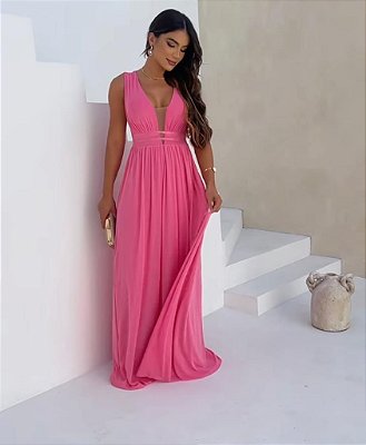 VESTIDO LONGO MICROTULE DECOTE E LATERAIS EM TULE ROSA CHICLET
