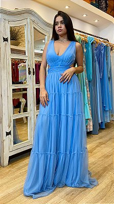 VESTIDO LONGO MICROTULE COSTAS VAZADA SAIA EM CAMADAS AZUL SERENITY CA