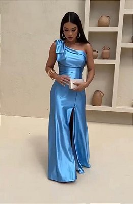 VESTIDO LONGO CETIM COM ELASTANO UM OBRO SÓ LAÇO FENDA LATERAL  AZUL SERENITY