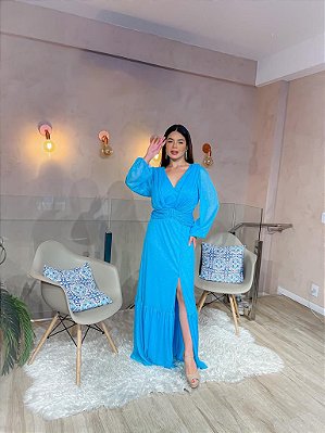 VESTIDO LONGO LUREX MANGA LONGA ARGOLA AZUL TUQUESA NT