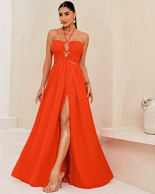 VESTIDO LONGO CREPE DECOTE EM V DRAPEADO COM ABERTURAS COM ALÇA CORAL