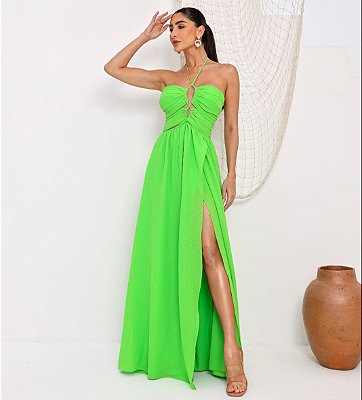 VESTIDO LONGO CREPE DECOTE EM V DRAPEADO COM ABERTURAS COM ALÇA VERDE LIMA