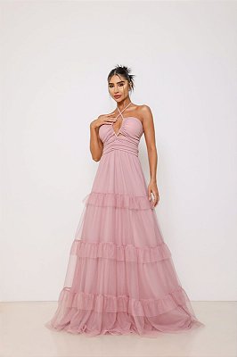 VESTIDO LONGO MICROTULE DECOTE EM V DRAPEADO COM ABERTURAS COM ALÇA ROSE