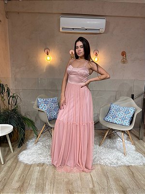 VESTIDO LONGO CORPETE CETIM SAIA MICROTULE ROSÉ BN