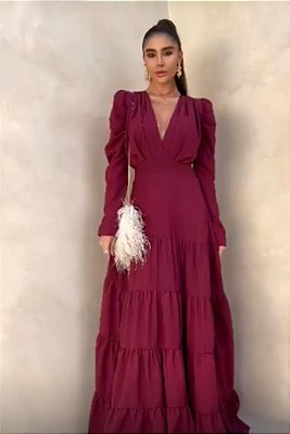 VESTIDO LONGO CREPE DECOTE V MANGA LONGA SAIA EM CAMADAS MARSALA MB