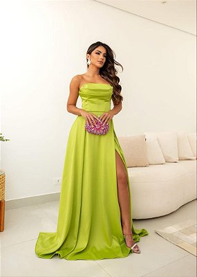 VESTIDO LONGO ZIBELINE TOMARA QUE CAIA DRAPEADO COM FENDA VERDE LIMA