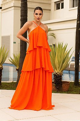 VESTIDO LONGO CREPE DE SEDA EM CAMADAS ALCINHA CORAL
