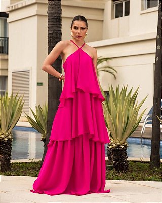 VESTIDO LONGO CREPE DE SEDA EM CAMADAS ALCINHA PINK