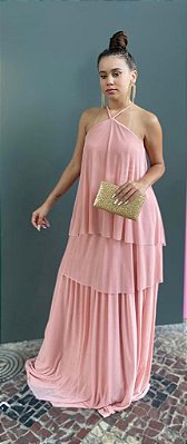 VESTIDO LONGO CREPE DE SEDA EM CAMADAS COM DETALHE  DE TRANCINHA NA ALCINHA ROSE