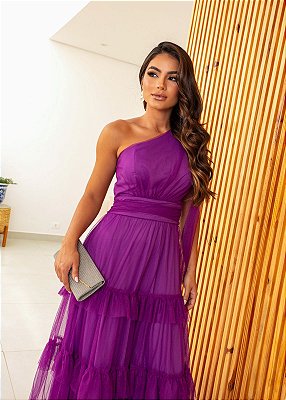 VESTIDO LONGO MICROTULE COM BRILHO UM OMBRO SÓ LAÇO COM DETALHE DRAPEADO NA CINTURA ROXO