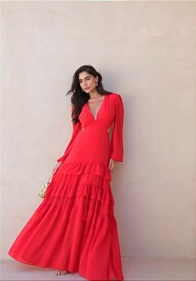 VESTIDO LONGO CREPE DE SEDA MANGA LONGA SAIA COM CAMADAS COSTAS VAZADA VERMELHO