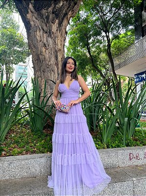VESTIDO LONGO MICROTULE COM BRILHO BUSTO EM V DETALHE DRAPEADO ALCINHA SAIA  BABADO LAVANDA