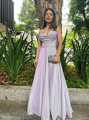 VESTIDO LONGO DE LUREX TULE NA SALA ESTILO CORPETE BUSTO REMOVÍVEL LAVANDA