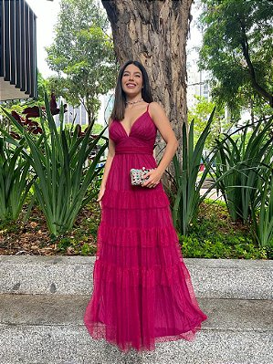 VESTIDO LONGO MICROTULE COM BRILHO BUSTO EM V DETALHE DRAPEADO ALCINHA SAIA  BABADO PINK