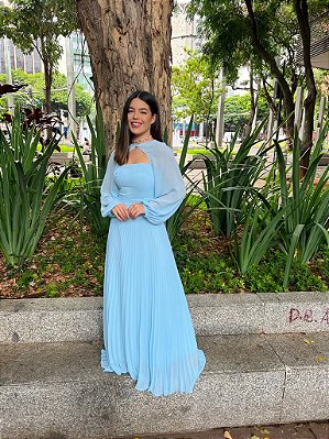 VESTIDO CHIFON PLISSADO BUSTO RETO COM ALCINHA OPÇÃO DE USAR COM OU SEM BOLERO VERDE AZUL SERENITY