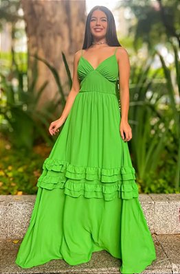 VESTIDO LONGO MICROTULE COM BABADO NA SAIA BUSTO EM V ALCINHA CAPA VERDE BANDEIRA