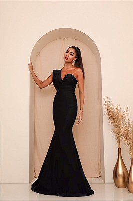 VESTIDO LONGO SARJA COM ELASTANO UM OMBRO SÓ BUSTO DETALHE DRAPEADO ESTILO SEREIA PRETO